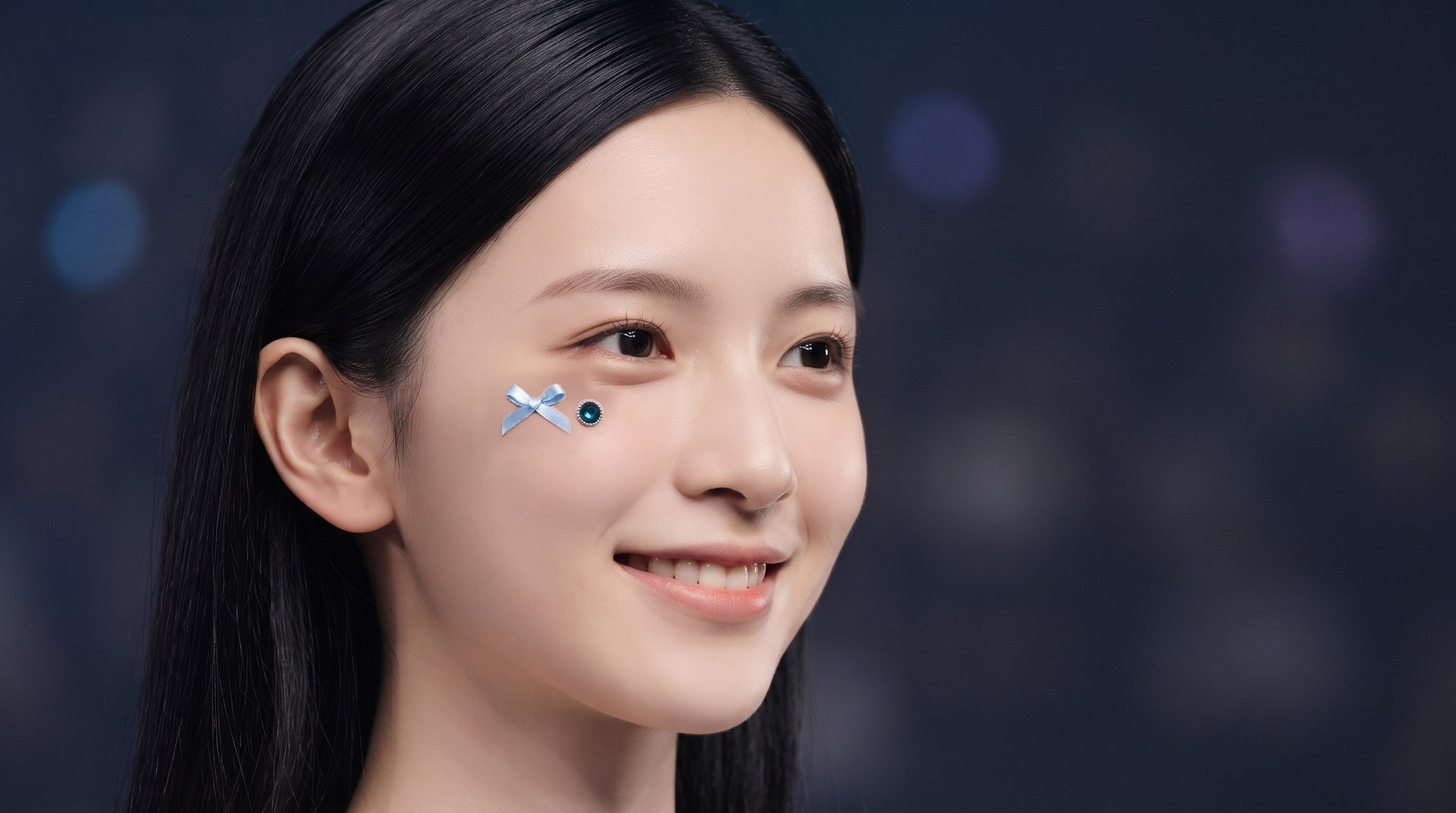 模特兒臉頰貼著藍色蝴蝶結臉部珠寶貼片(AI 試戴示意)